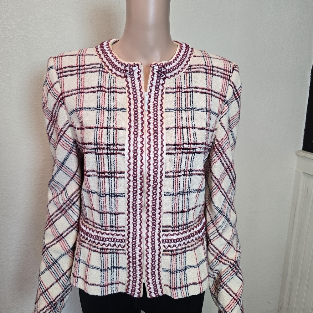 St John Plaid Zip-Up Jacket Cardigan w/ Woven Plaid  Accents | Size: 10 Vintage - Picture 7 of 10